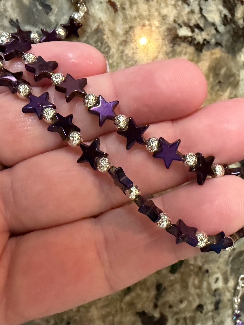 Purple Hematite Star Bead Choker Necklace with Sterling Silver Accent Beads